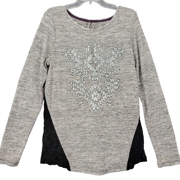 Vanity Sweater Gray Grunge Metallic Stretch Preppy Lace Long Sleeve Women Size L - Picture 1 of 10